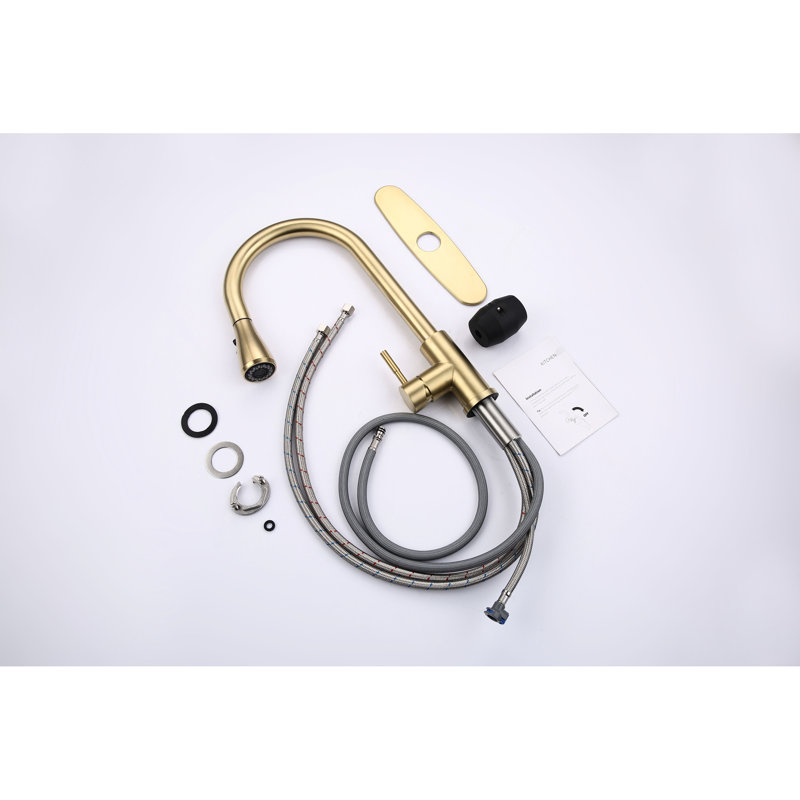 Robinet de cuisine avec douchette rétractable, aspect doré brossé, acier inoxydable, buse rotative à 360 °, style de résistance à la corrosion et à la rouille, capacité