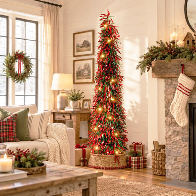 Sapin de Noël pliable et lumineux de 1,5 m, en forme de crayon, avec 50 lumières DEL blanc chaud et base pliable, disponible en 2 couleurs.