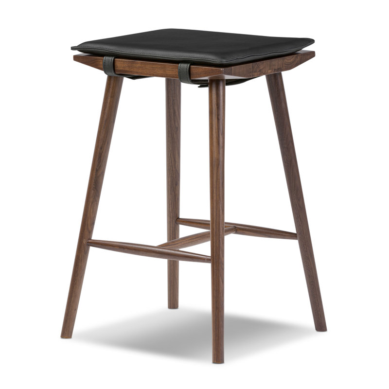 Valentino 25" Genuine Leather Wood Counter Stool, Black/Brown