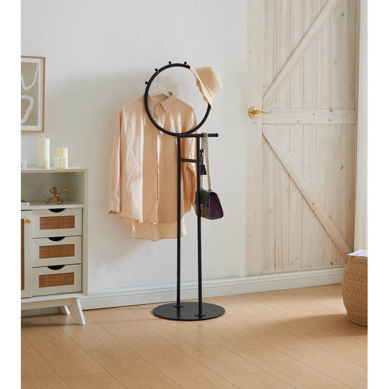 Cheska Suit Valet Stand with Circular Frame - Tie Jacket Clothes Hooks, Freestanding Clothing Organizer, Black