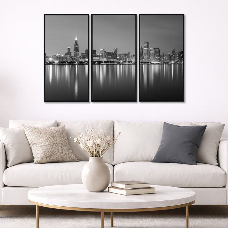 Chicago Skyline at Night, noir et blanc - 3 pièces, cadre photo flottant sur toile, H 20 po x l 36 po, Noir