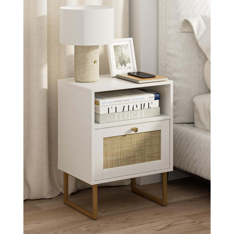 Rattan Nightstand,Modern Boho Farmhouse Wood Bedside Table With Storage Drawer And Open Shelf,Small Gold Frame Side End Table For Bedroom,Living Room,Office
