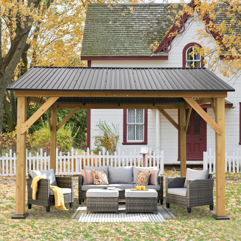 10 FT x 12 FT Outdoor Patio Solid Wood Gazebo with Steel Hardtop for Patio, Backyard