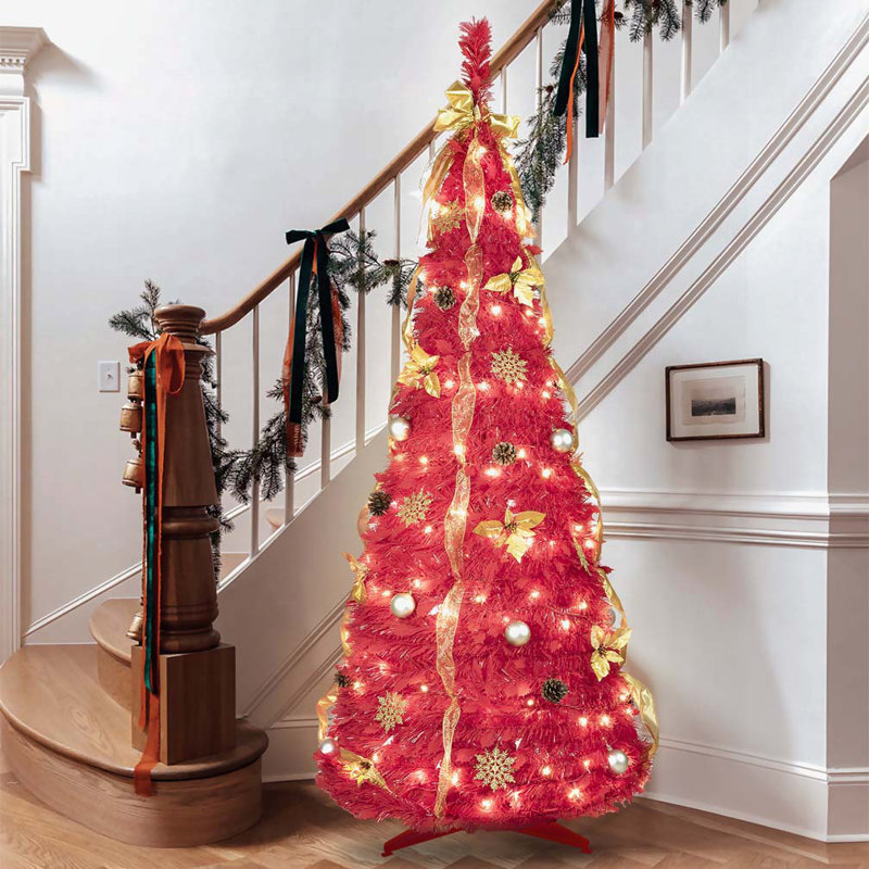 Arbre de Noël pop-up rouge 6 pi avec 150 lumières DEL blanc chaud