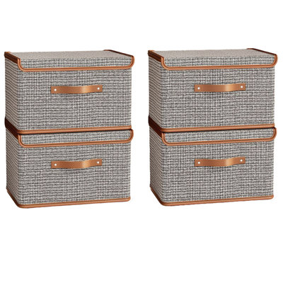 4Pcs Large Storage Bins with Lids, Decorative Storage Boxes with Lid and PU Handles, Foldable Storage Baskets for Closet, Shelves, Stackable，Set of 4