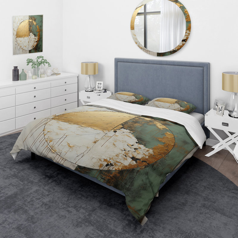 Ensemble de housse de couette peinture abstraite or et vert Fusion I, Housse de couette pour grand lit et 2 taies décor