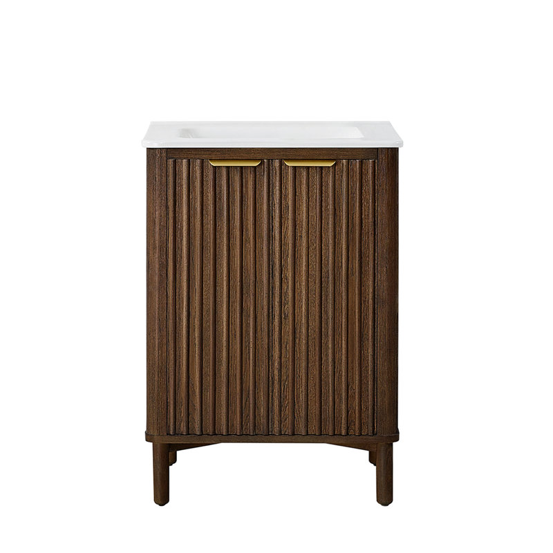 Meuble-lavabo simple 24 po avec comptoir en céramique blanche Mumbai, Or brossé, Chêne brun foncé vieilli