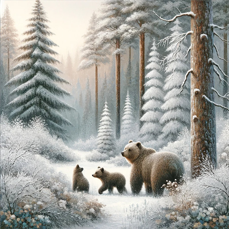 " Enchanted Wilderness: Bear Family In Snowy Pine Forest ", 20" H x 20" W x 1.5" D
