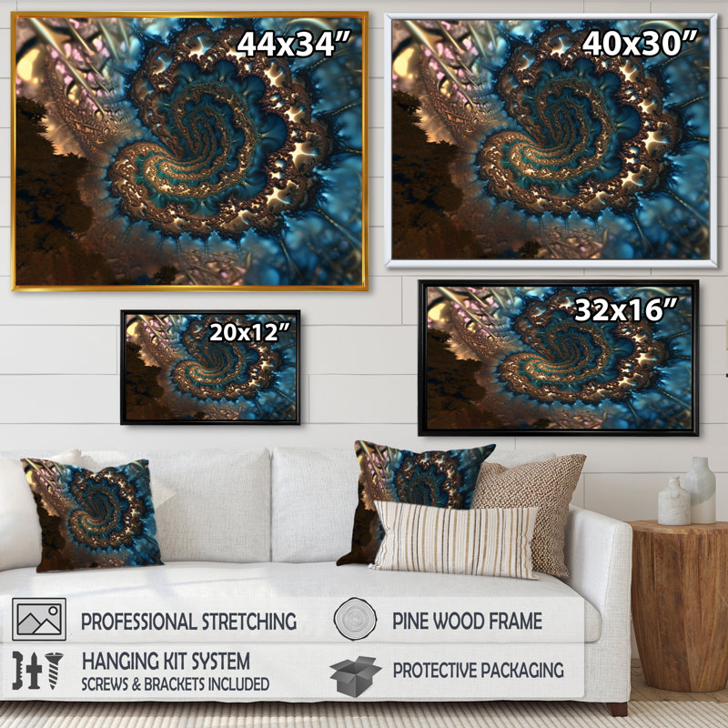 «Turquoise Fractal Mystery IV», reproduction sur toile, H 34 po x l 44 po x P 1,5 po, Toile avec cadre flottant noir