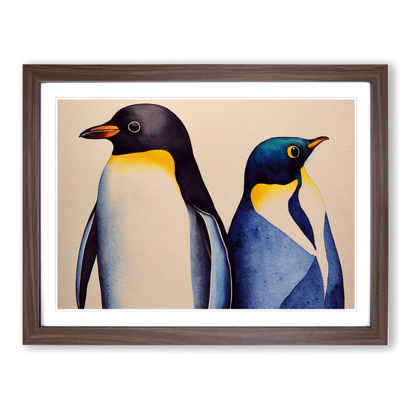 Watercolour Penguins - Single Picture Frame Print, 34cm H x 46cm W x 2cm D, Walnut Framed