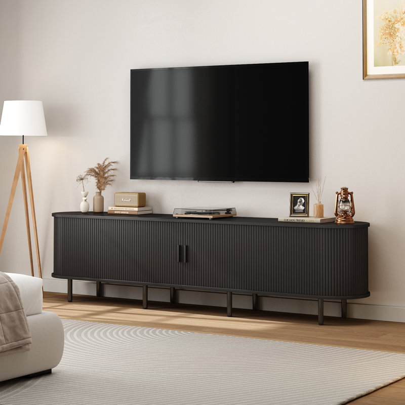 Meuble télé avec rangement et tablettes Jalonda, Noir, H 21,7 po x l 86,6 po x P 15,7 po