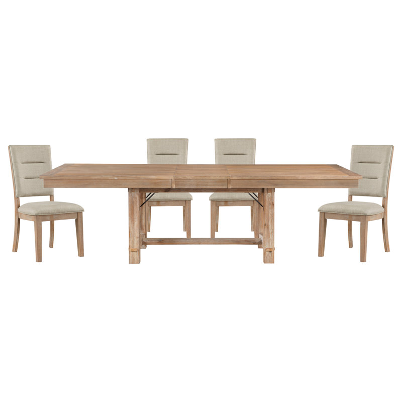 Table de salle à manger en chêne clair 5 pièces avec table à rallonge et chaises d'appoint en bois beige
