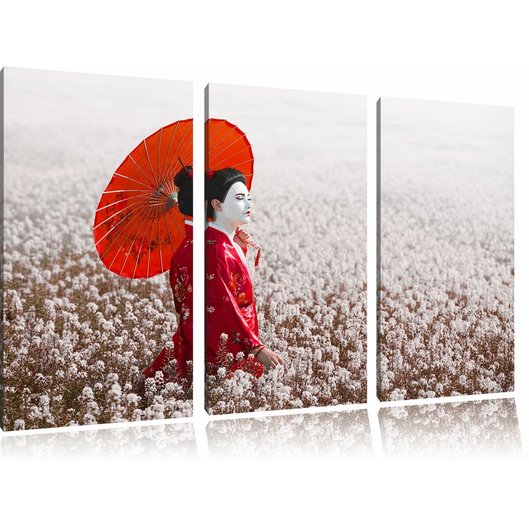 3-tlg. Leinwandbild-Set „Geisha auf dem Feld“, Fotodruck