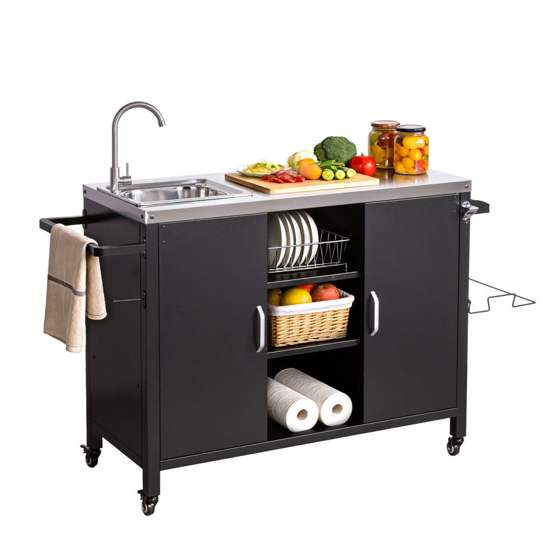 Table de préparation à roulettes pour l'extérieur avec évier et armoire en acier inoxydable