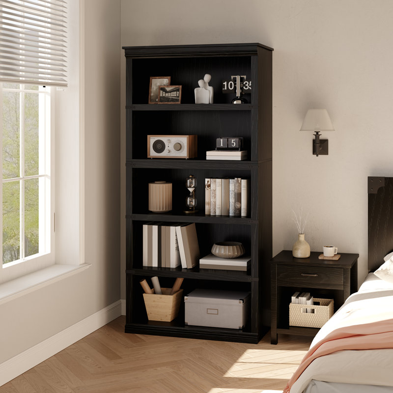 5-Tier Farmhouse Bookshelf, 67.4 Inch Tall Freestanding Wood Bookcase for Home Office, Black Relief Mountain, 80*32*171.2cm