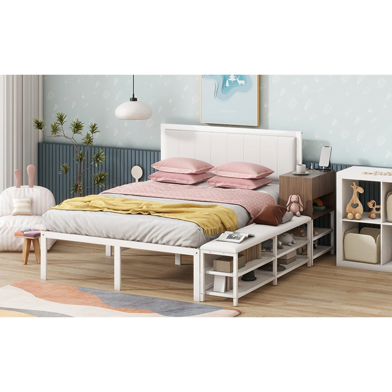 Lit plateforme en métal blanc avec matériau, rangement, armoire pleine grandeur en bois, armoire, touche élégante, Double