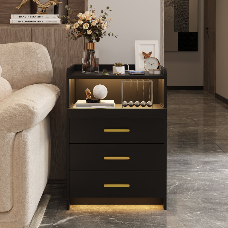 Eaden 3 Drawer Nightstand With Light, Black