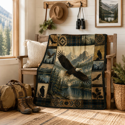 Couverture en patchwork Aigle avec scènes de forêt et de montagne, jeté de lit rustique en flanelle à motif faune sauvage vintage, idéal pour chalet, canapé, lit ou camping, 101,6 x 127 cm