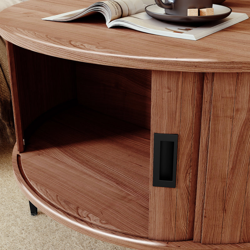 Mid Century Modern Round Coffee Table With Storage and Tambour Door, Brown