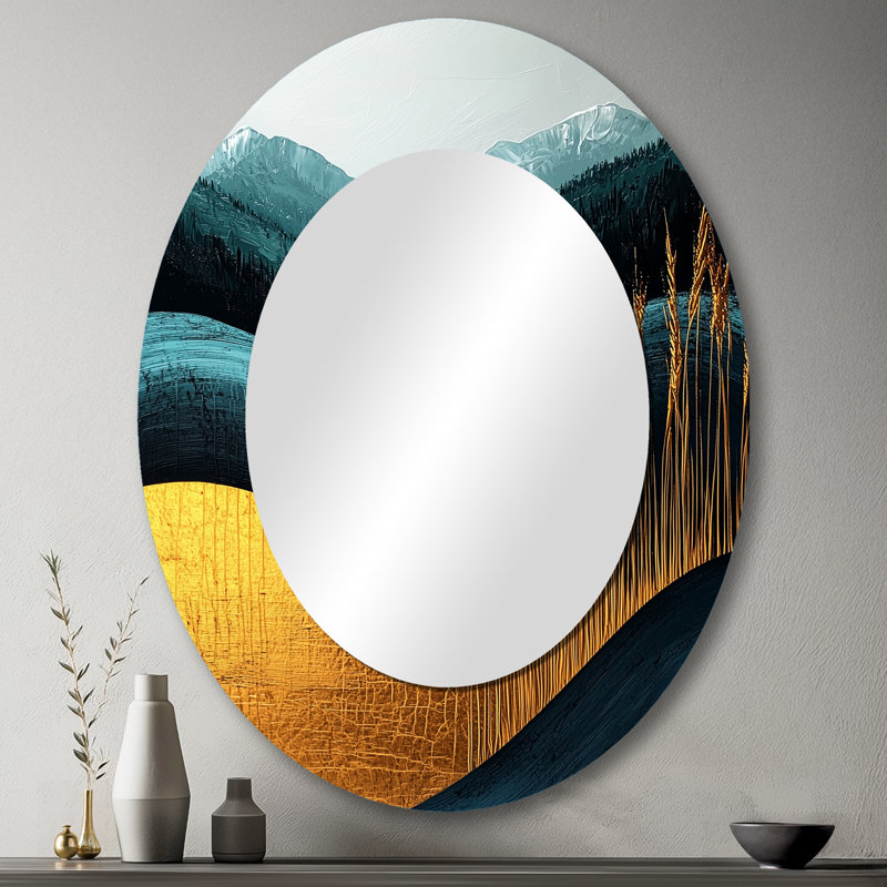 Quiet Bold Mountain In Emerald Gold Harmony IV - Gold Traditional Oval Wall Mirror, 43" x 33"