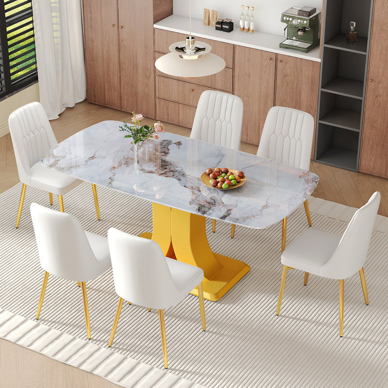 Ensemble de table et de chaises Table de salle à manger en verre trempé de 71 pouces recouverte d'autocollants texturés en marbre blanc.
