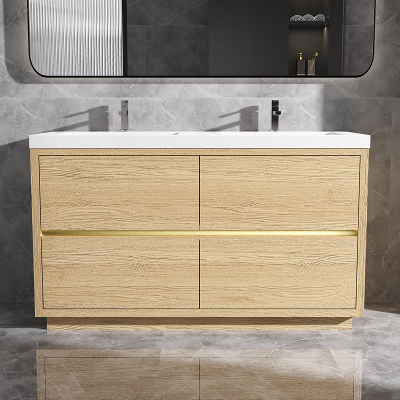 Meuble-lavabo autoportant avec comptoir à double surface en blanc pour salle de bain, 60", Brun