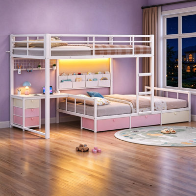 Lit superposé simple avec bureau et 6 tiroirs de rangement, lit mezzanine plateforme en métal avec éclairage DEL, chargeur et organisateur 10 poches, optimisation de l'espace, lit enfant décalé blanc et rose