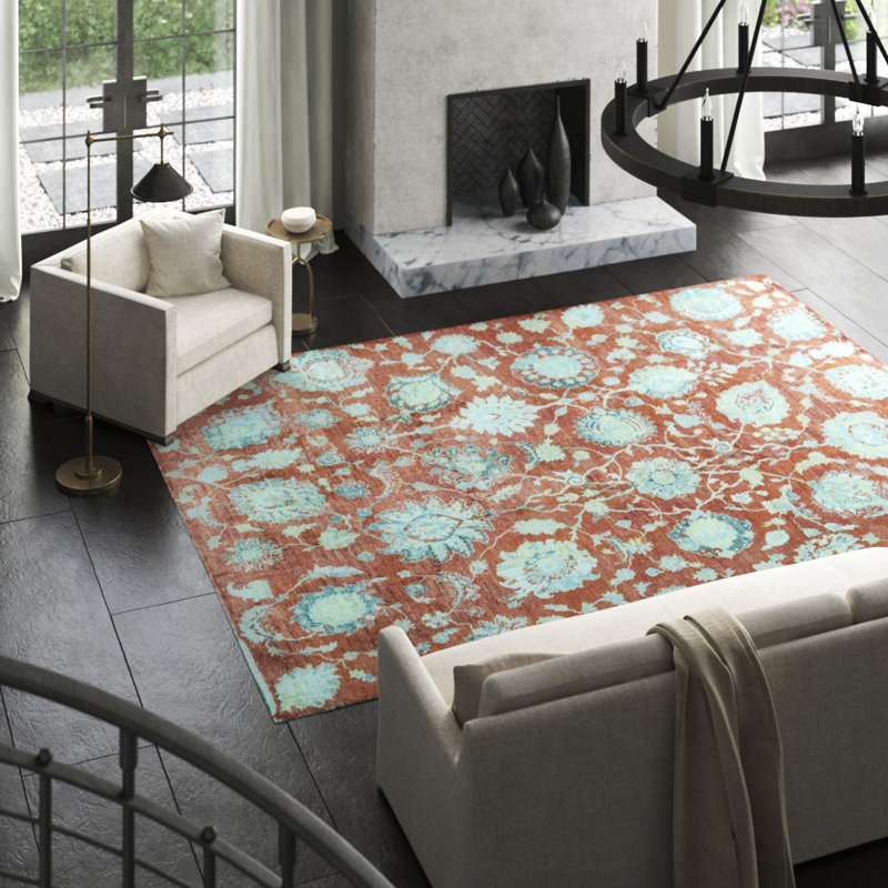Wool Floral Area Rug in Rust/Blue