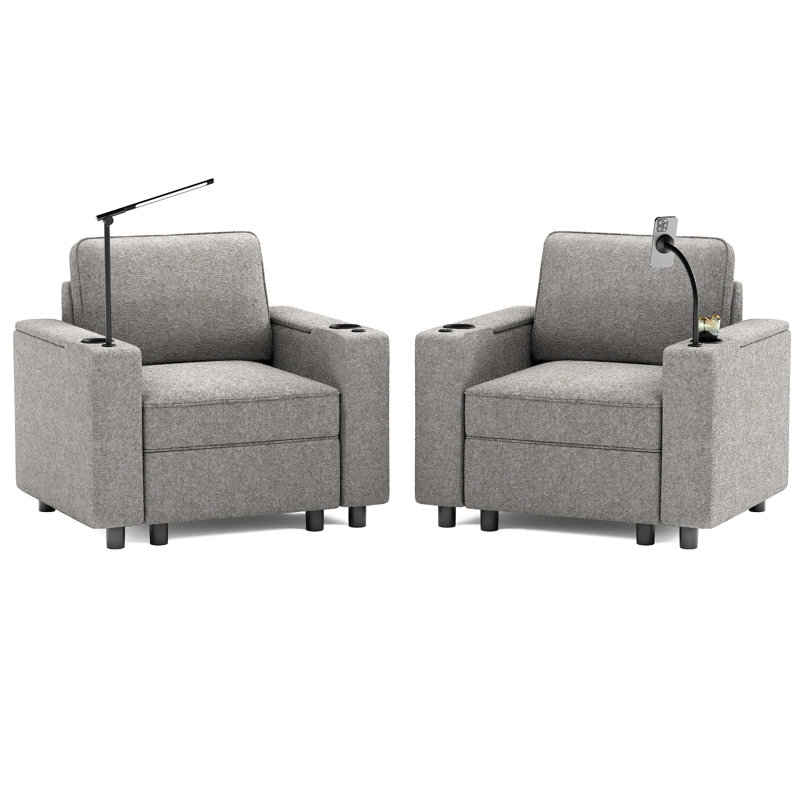 Tupelo 38" W Upholstered Accent Armchair with Storage and Cup-holder,Power Grommet for Living Room, Dove Grey Polyester Blend
