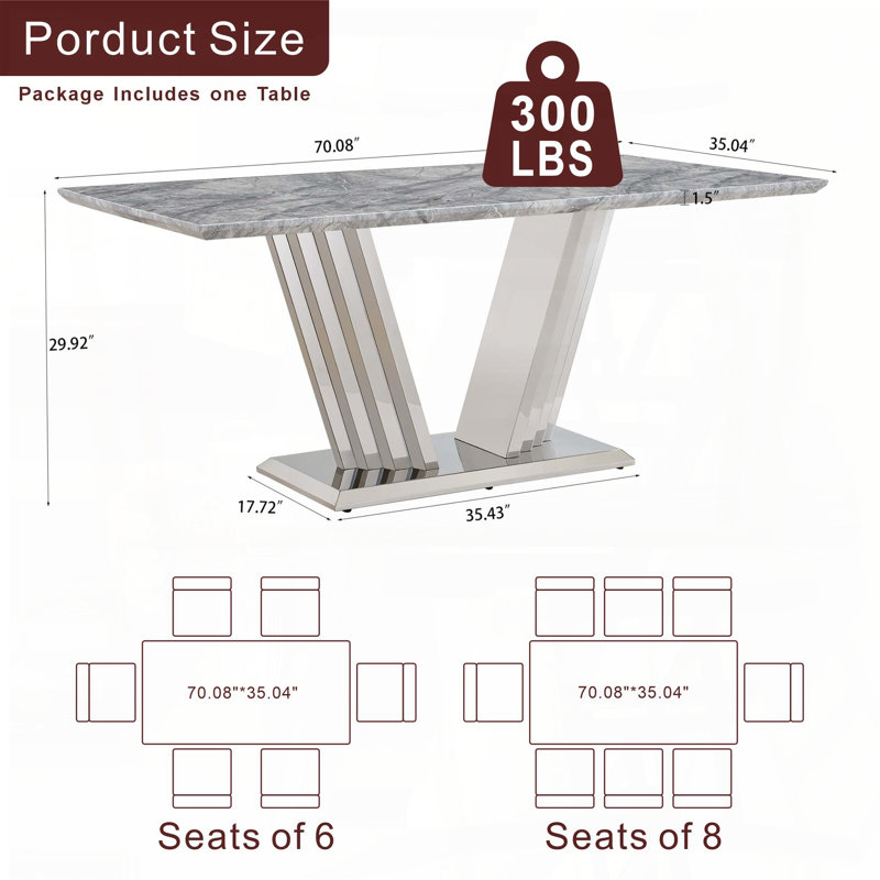 Table de salle à manger rectangulaire en marbre 70 pouces avec base en acier inoxydable miroir (6 à 8 places)