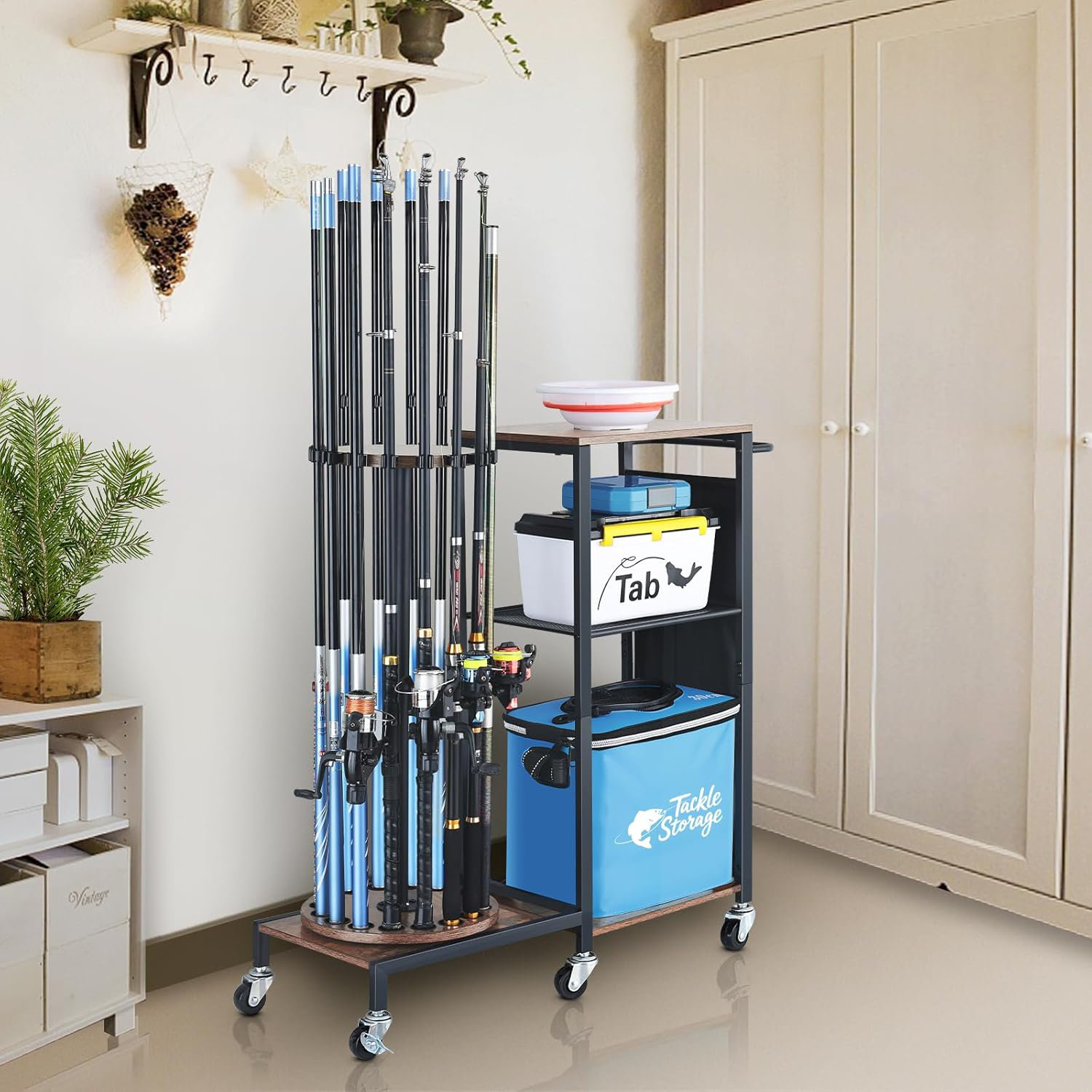 17 Stories 360-Degree Rotating Fishing Rod Holder Storage Cart With ...