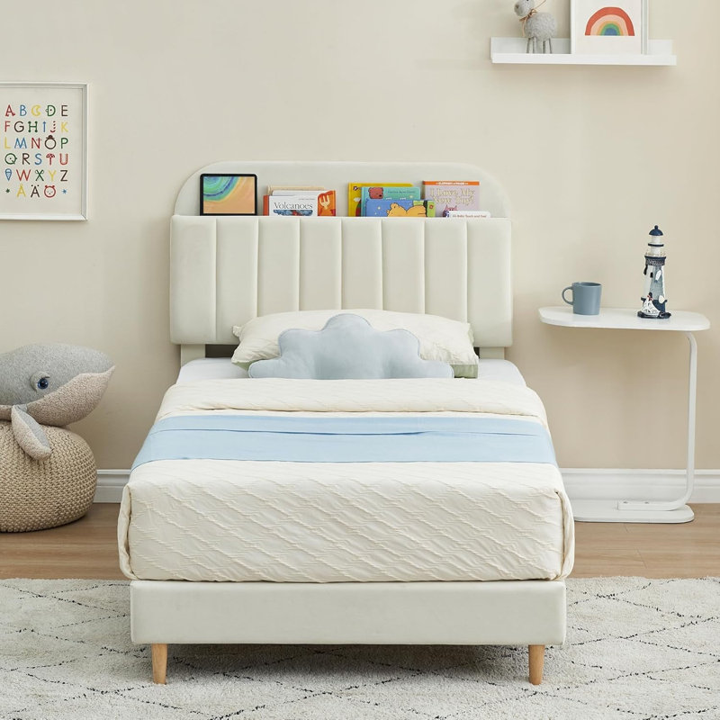 Easy Assembly Full Size Bed Frame Space Saving, for Living Room, Guest Room, Off-White