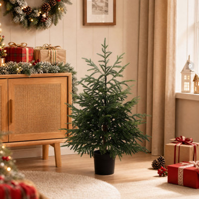 Sapin de Noël artificiel vert réaliste de 90 cm avec branches de sapin naturelles et pot noir