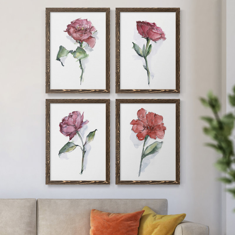 «Watercolor Floral Contour I», ensemble de 4 reproductions d'art sur toile encadrées, H 37,5 po x l 110 po x P 1,5 po, Noyer