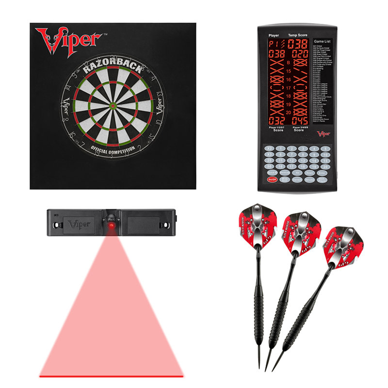 Jeu de fléchettes Viper Razorback en sisal / poils avec fléchettes à pointe en acier de 22 grammes, lumière de ligne de lancer, défenseur mural carré et tableau de pointage numérique Pro Score