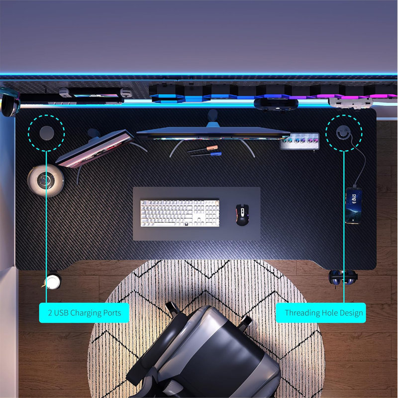 Gaming Desk Computer Table W/Cup Home Office, Black, 29.5" H x 55.1" W x 23.6" D