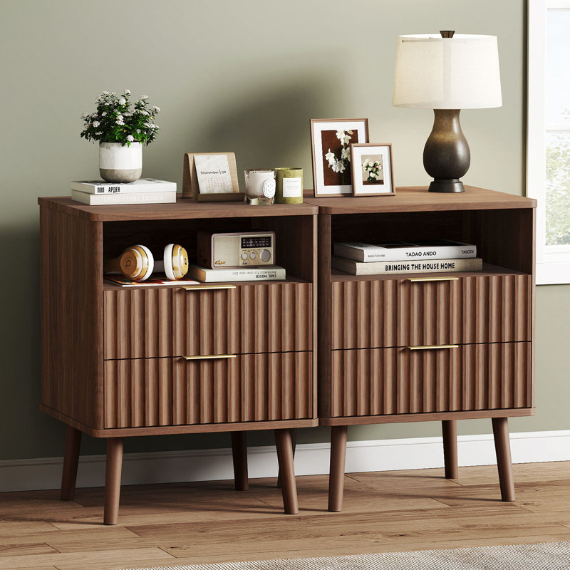 Fluted Nightstand Set of 2, 18" Modern Side Table, 2 Drawers End Table with Storage, Bedside for Bedroom, Living Room, Curved Profile Design
