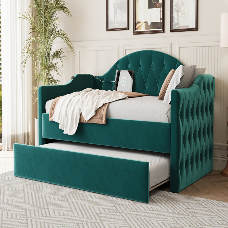 Twin Size Tufted Upholstered Daybed with Trundle, Velvet Sofabed with USB&Type-C Charging Ports, No Box-spring Needed, Green