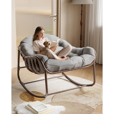 Outdoor Papasan Rocking Chair, Oversized Wicker Lounge Chair with Cushion and Metal Frame, Patio Rattan Egg Rocker for Balcony Backyard Porch Bedroom