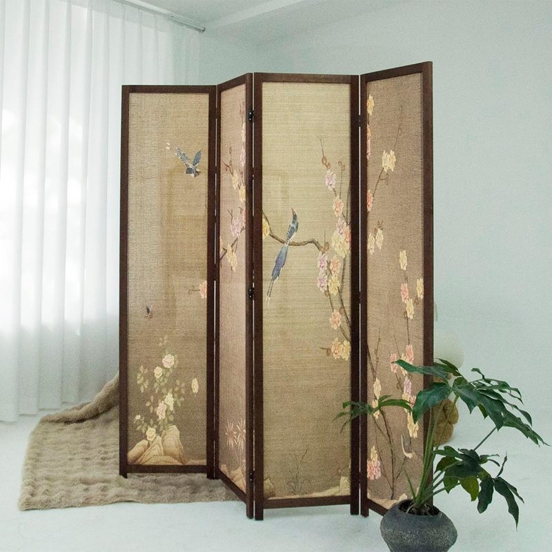 Colourful Plum Bamboo Folding Room Divider with Double Sided Design for Home and Office