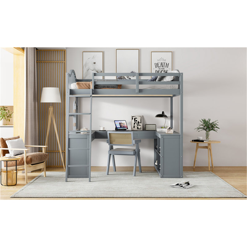 Lit mezzanine en bois avec bureau en U, compartiments de rangement et miroir à trois volets, gris