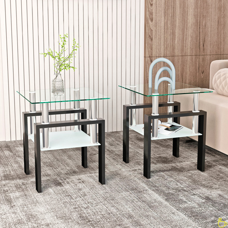 Ensemble de 2, table basse moderne en verre trempé, table de bout, table carrée, Plateau transparent / base noire