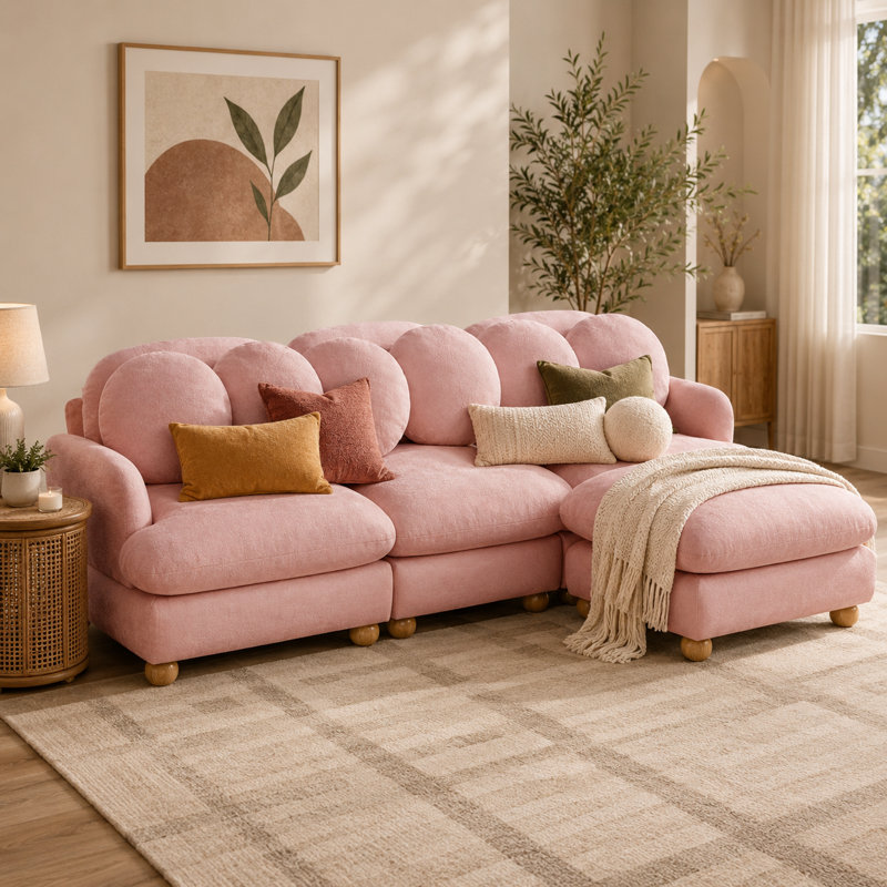 Canapé d'angle modulaire 3 places Chancy en chenille avec pouf amovible, assise profonde avec 6 coussins décoratifs, dossier et accoudoirs arrondis, pieds en bois massif pour salon