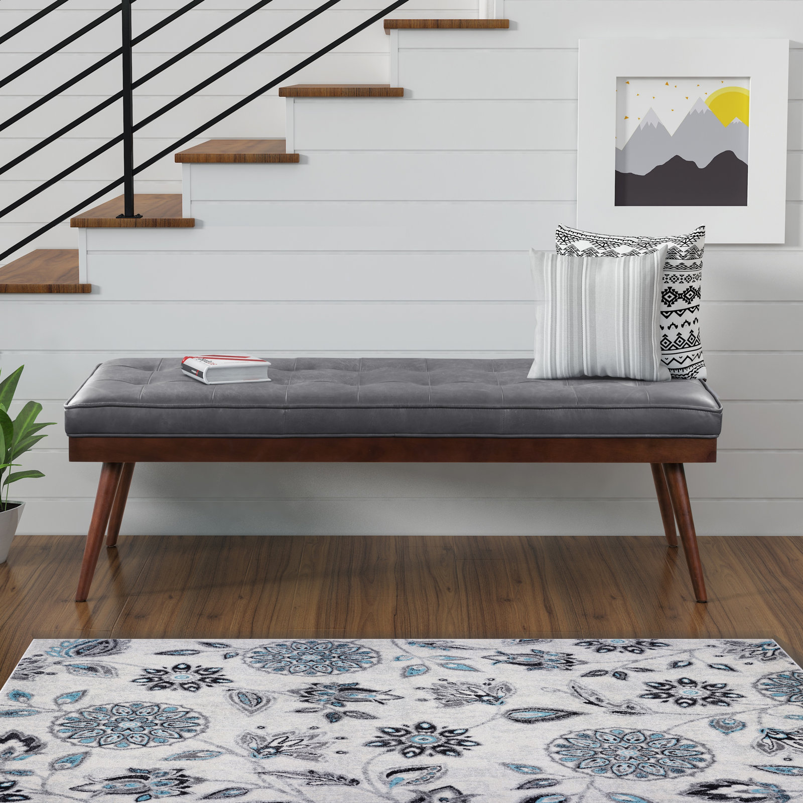 Luca 55" Genuine Leather Entryway Bench, Slate Gray