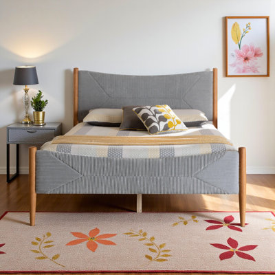 Saffron Queen Bed in Mid-century Grey Corduroy and Oak Brown Wood Finish, 45.95'' H X 63.73'' W X 84.85'' L
