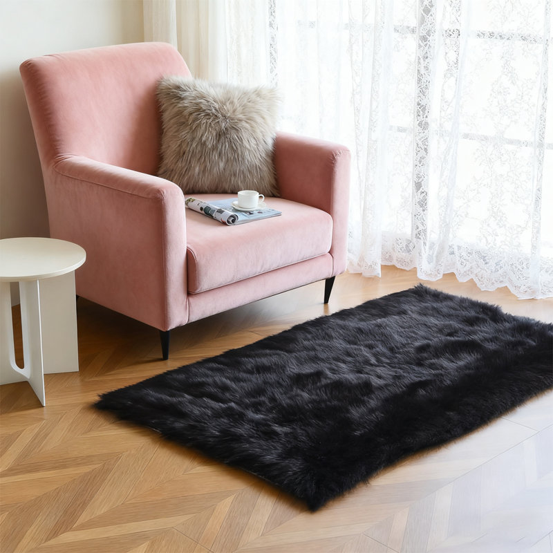 Soft Fluffy Black Faux Sheepskin Area Rug, Rectangle 2' x 3'