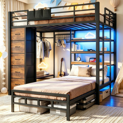 Bunk Bed Twin Over Twin with 3-Tier LED Shelves and Hall Tree Storage