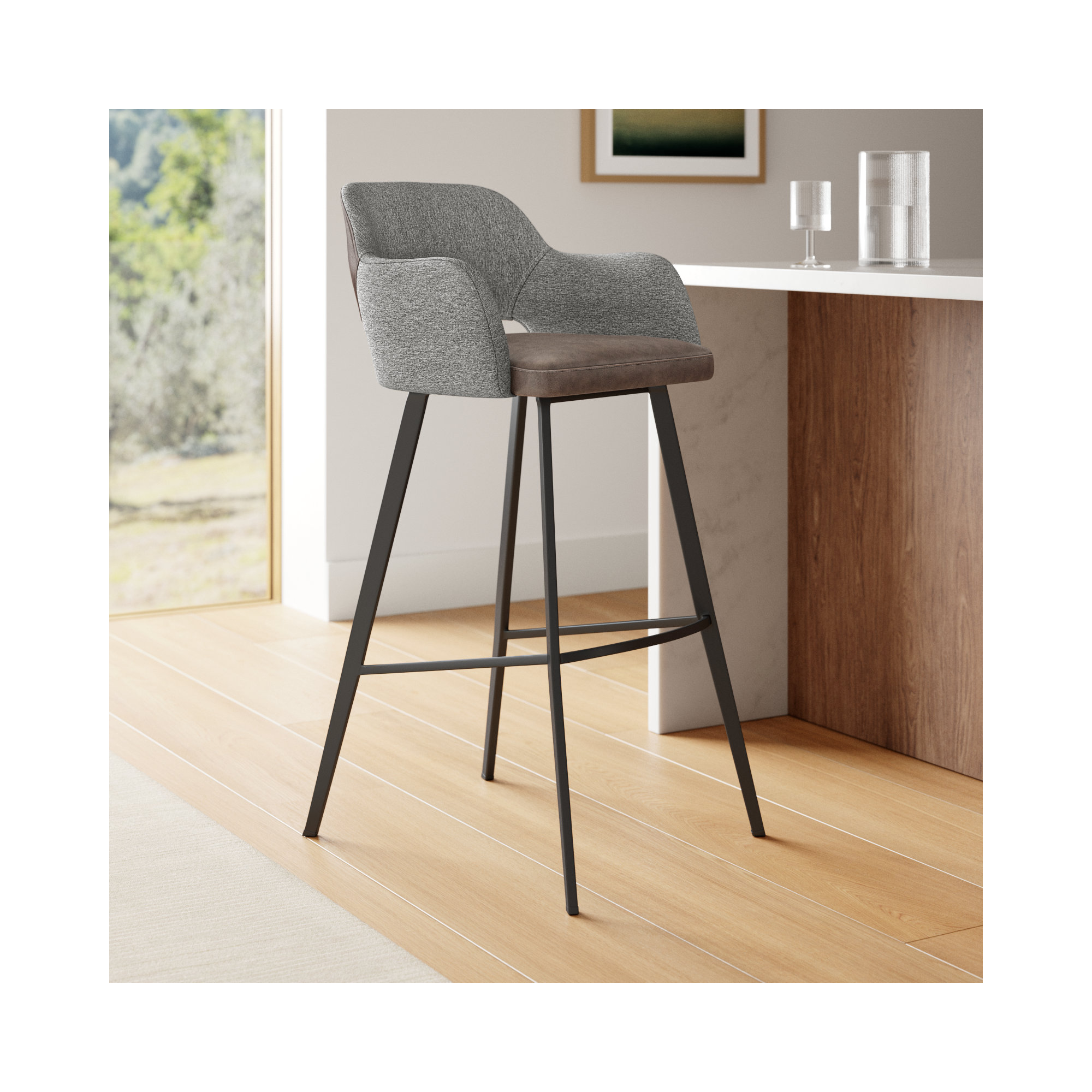 Ivonne Swivel Bar & Counter Stool, Light Brown Faux Leather, Bar Stool (29.34” Seat Height)