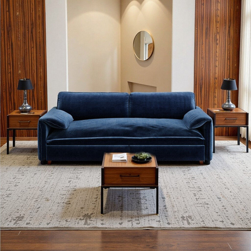 Boneless ??3-in-1 Convertible Sleeper Sofa Bed with Velvet Upholstery? Convertible Couch Bed, Blue