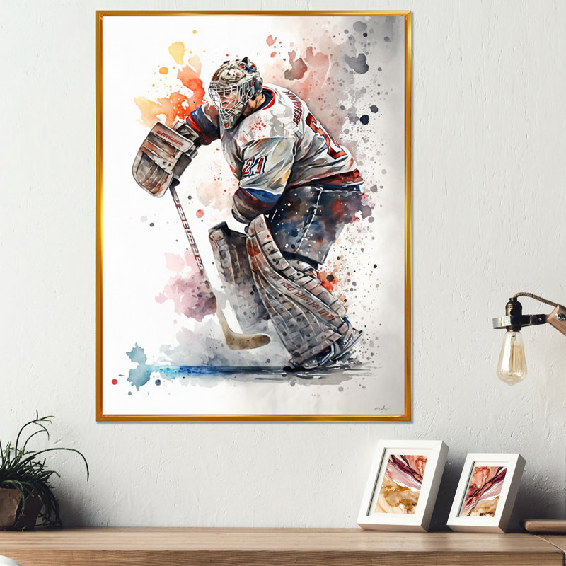 Hockey sur gazon sur glace pendant le match II - Impression sur toile, H 20 po x l 12 po x P 1 po, Cadre flottant doré